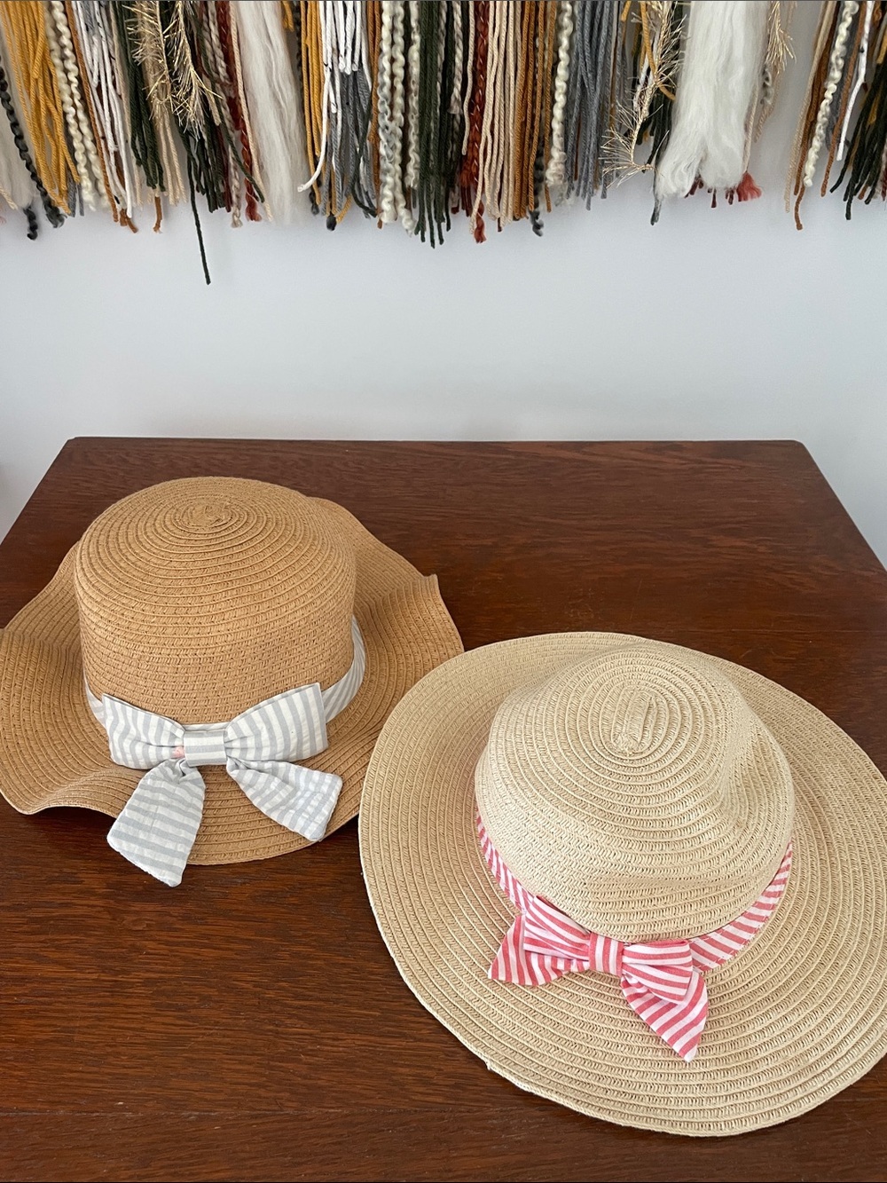 Girls' Straw Sun Hat with Bow - Tan & Cream new
